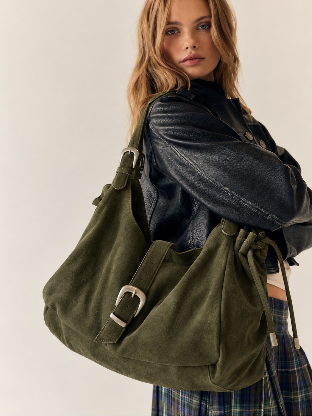 Free People Serena Cinched Suede Shoulder Bag in Olive